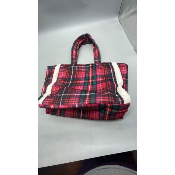 Victorias Secret Red Plaid Tote Bag With Sherpa Detailing & Logo Patch READ - Picture 4 of 8